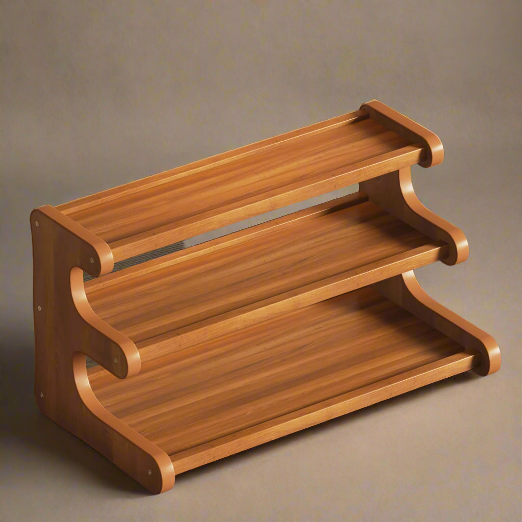 Wooden shelf with a textured surface on a wooden floor